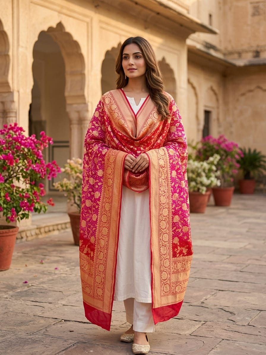 Kamna - Red & Pink Bandhani Banarasi Dupatta