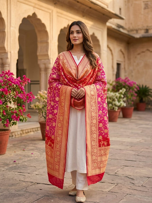 Kamna - Red & Pink Bandhani Banarasi Dupatta