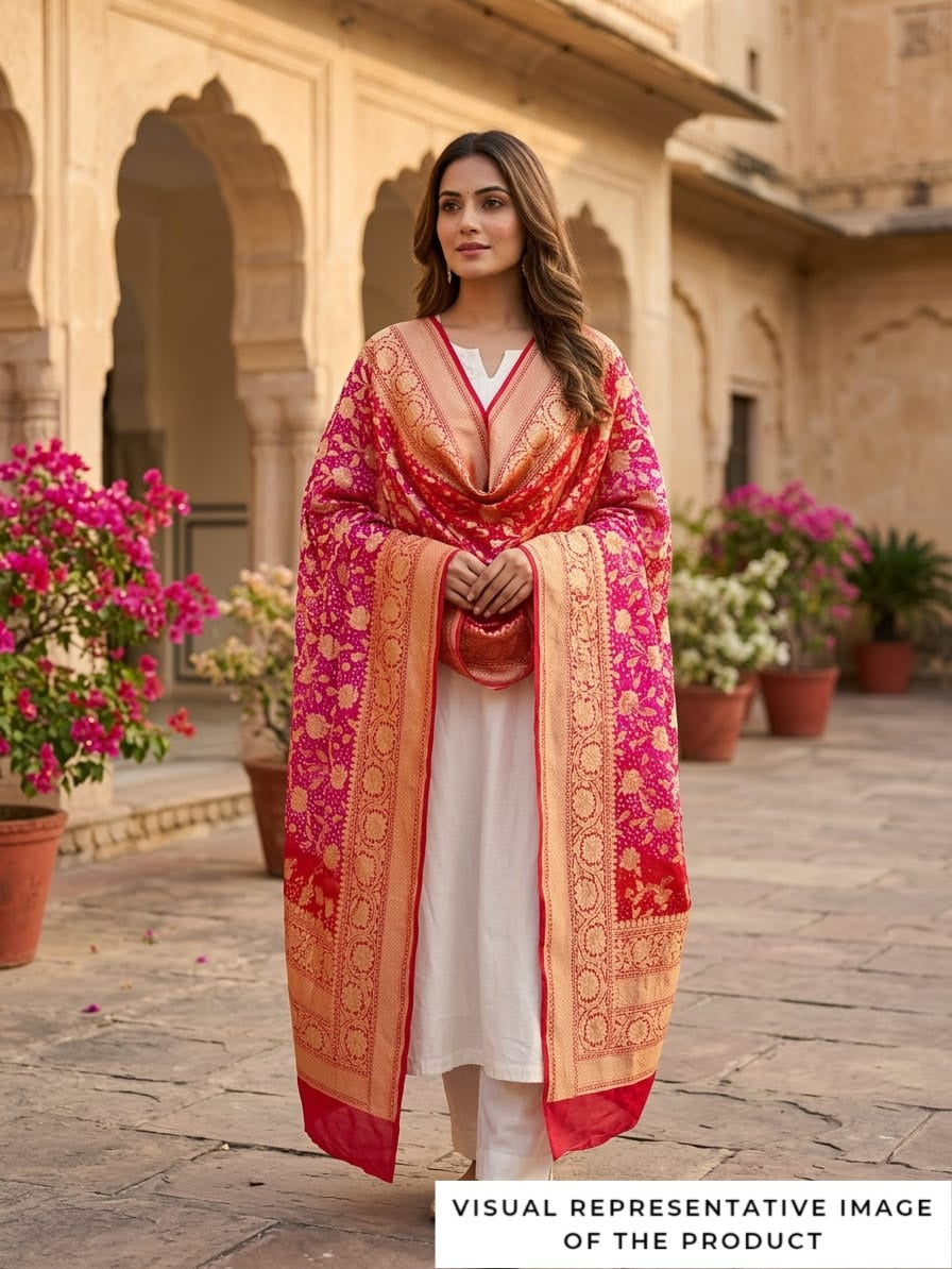 Kamna - Red & Pink Bandhani Banarasi Dupatta