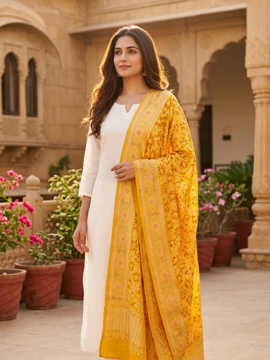 Nalini - Yellow Meenakari Bandhani Dupatta