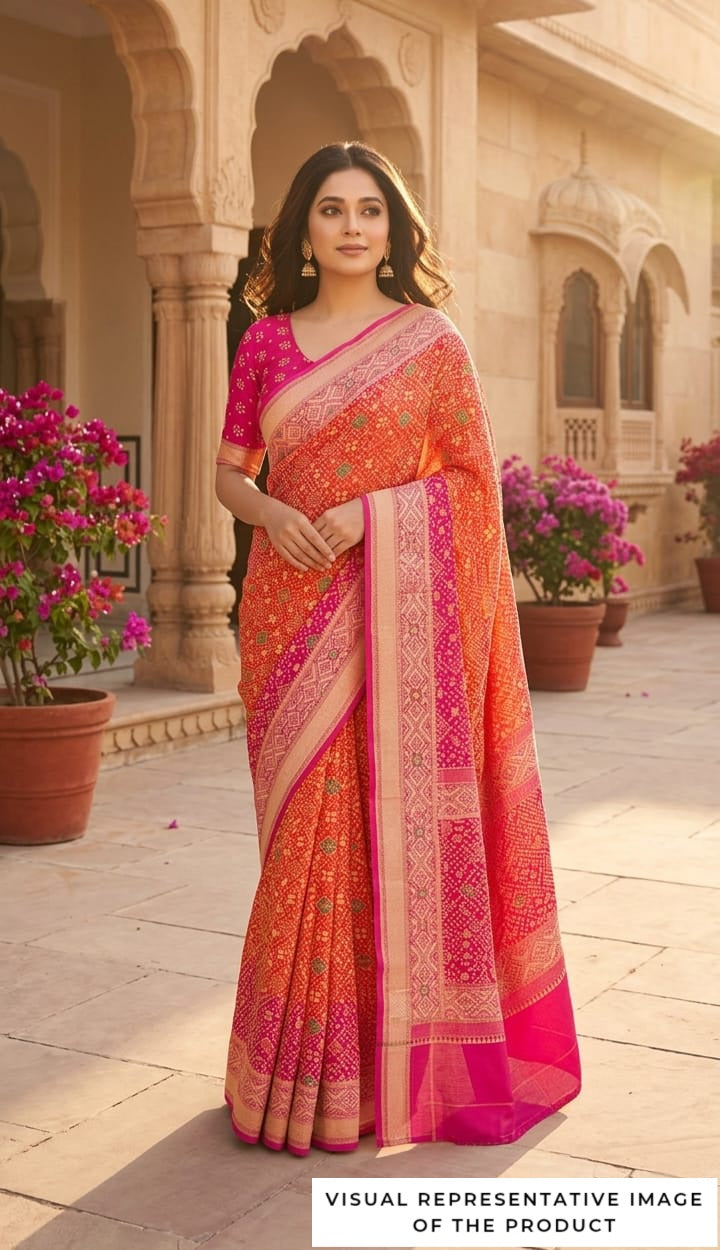 Avika - Pink & Orange Meenakari Bandhani Saree