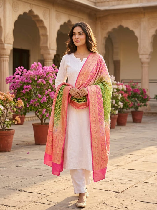 Diya - Pink & Green Bandhani Banarasi Dupatta