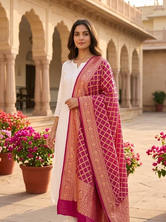 Charu - Magenta Bandhani Banarasi Dupatta