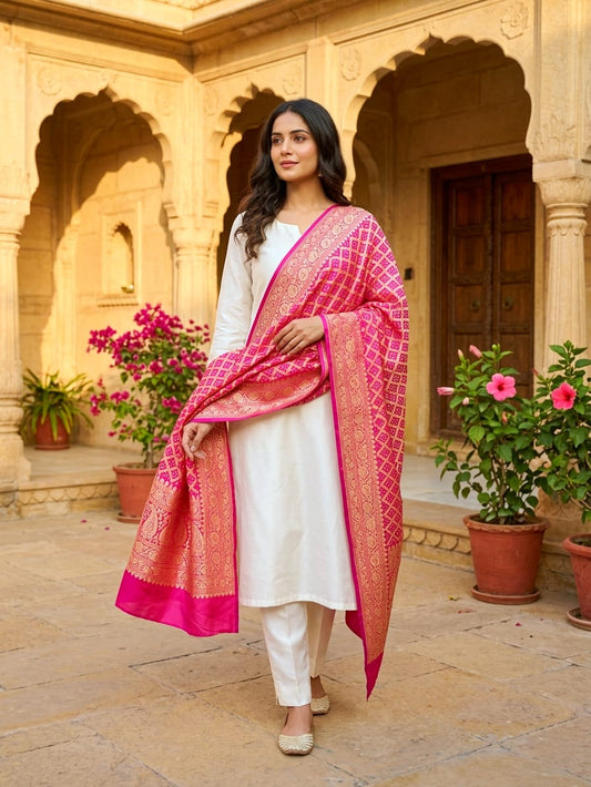 Lavanya - Pink Bandhani Banarasi Dupatta