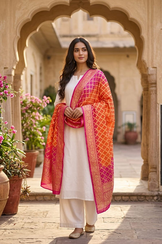 Leela - Pink & Orange Bandhani Banarasi Dupatta
