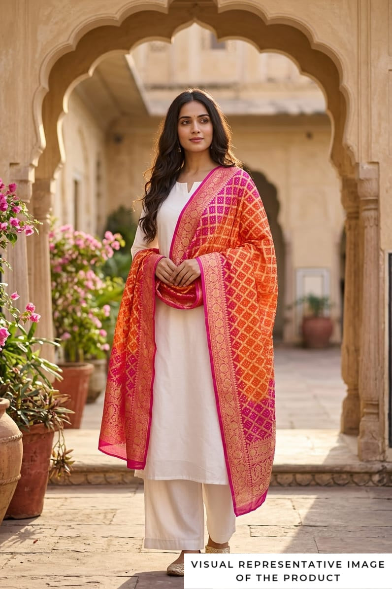 Leela - Pink & Orange Bandhani Banarasi Dupatta
