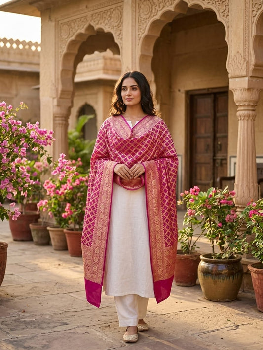 Lehja - Magenta Bandhani Banarasi Dupatta