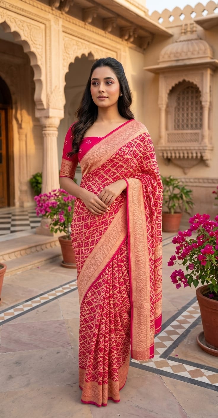 Risha - Rose Pink Bandhani Banarasi Saree