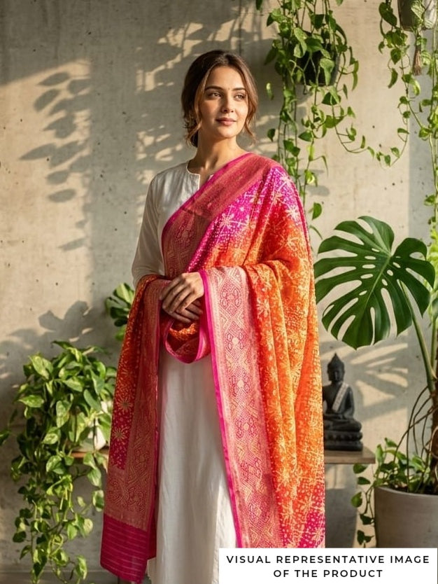 Janvi - Pink & Orange Meenakari Bandhani Dupatta