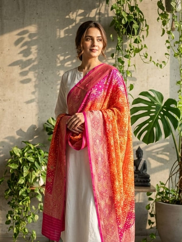 Janvi - Pink & Orange Meenakari Bandhani Dupatta