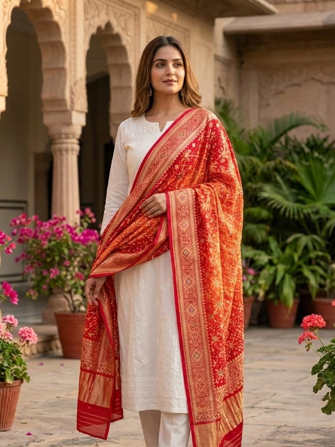 Tanishka - Red & Orange Meenakari Bandhani Dupatta
