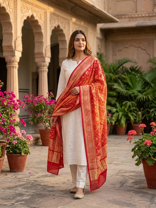 Tanishka - Red & Orange Meenakari Bandhani Dupatta