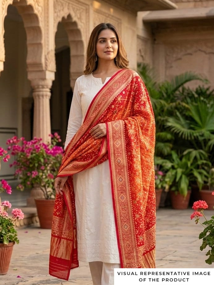 Tanishka - Red & Orange Meenakari Bandhani Dupatta