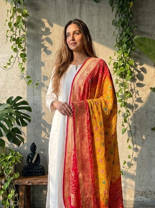 Vedika - Red & Yellow Meenakari Bandhani Dupatta