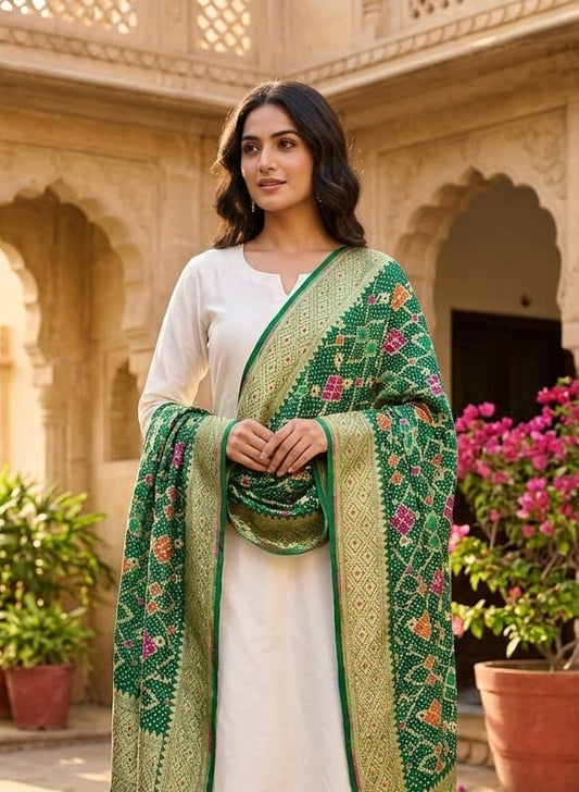 Saibo - Green Meenakari Bandhani Dupatta
