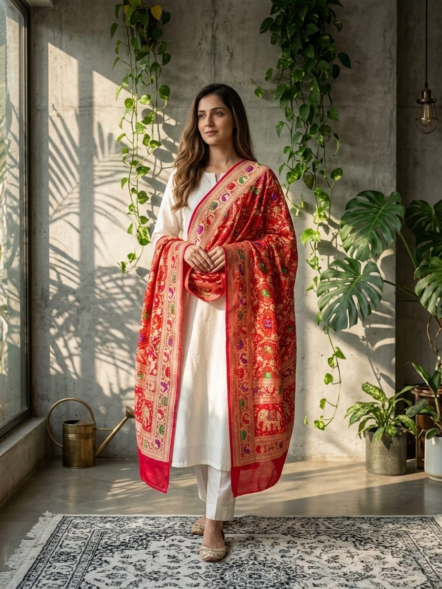 Abha - Red & Orange Meenakari Tilfi Dupatta