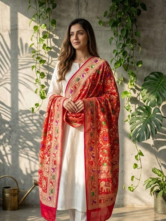 Abha - Red & Orange Meenakari Tilfi Dupatta