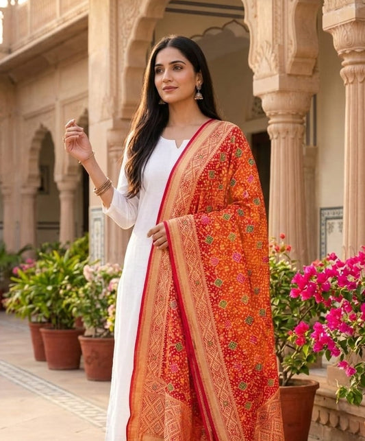Devanshi - Red & Orange Meenakari Bandhani Dupatta