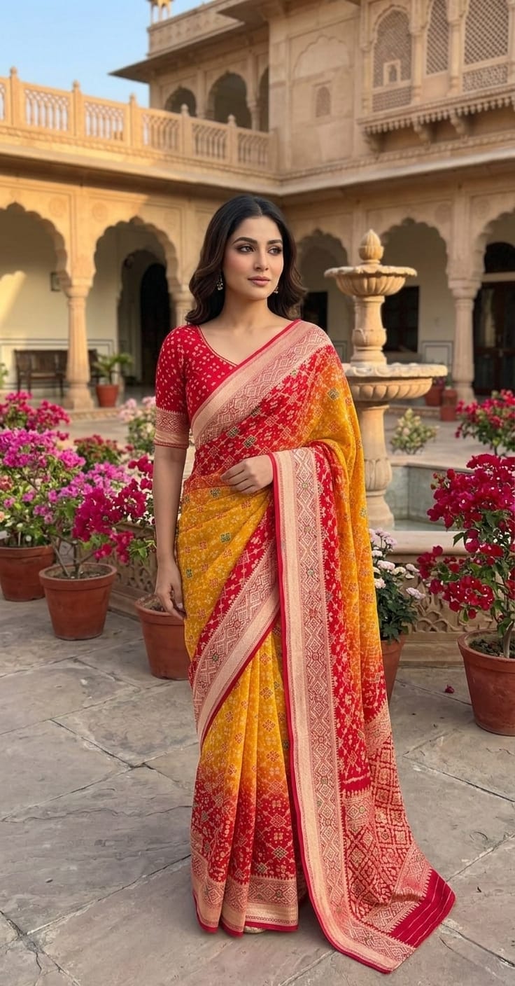 Amaya - Red & Yellow Meenakari Bandhani Saree