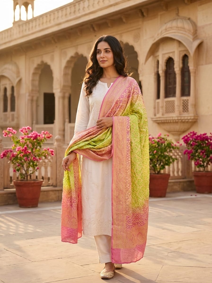 Gazal - Lilac & Green Bandhani Banarasi Dupatta