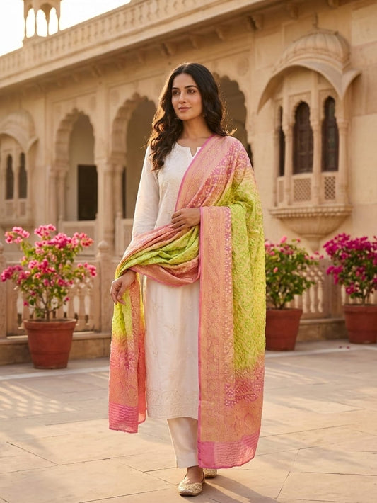Gazal - Lilac & Green Bandhani Banarasi Dupatta