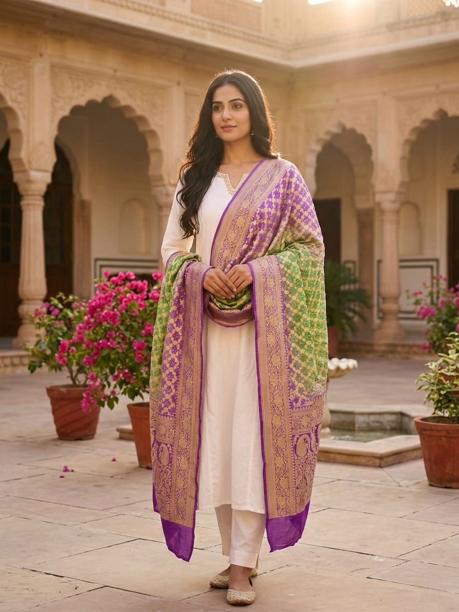 Prerna - Lavender & Green Bandhani Banarasi Dupatta