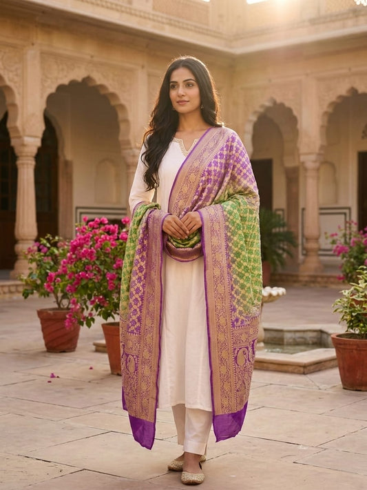 Prerna - Lavender & Green Bandhani Banarasi Dupatta