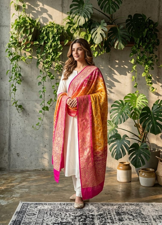 Myrah - Pink & Yellow Bandhani Banarasi Dupatta