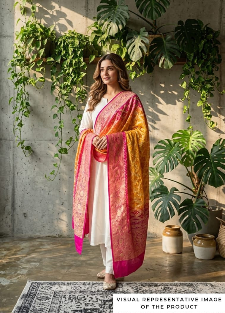 Myrah - Pink & Yellow Bandhani Banarasi Dupatta