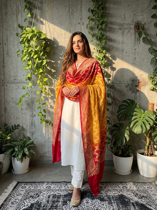 Sahiba - Red & Yellow Bandhani Banarasi Dupatta