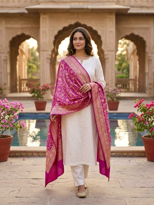 Inaaya - Magenta Shaded Bandhani Banarasi Dupatta