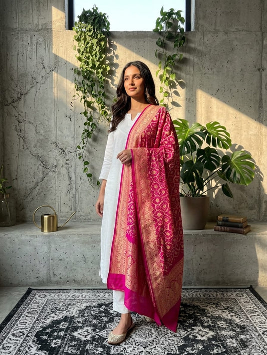 Enakshi - Pink Bandhani Banarasi Dupatta