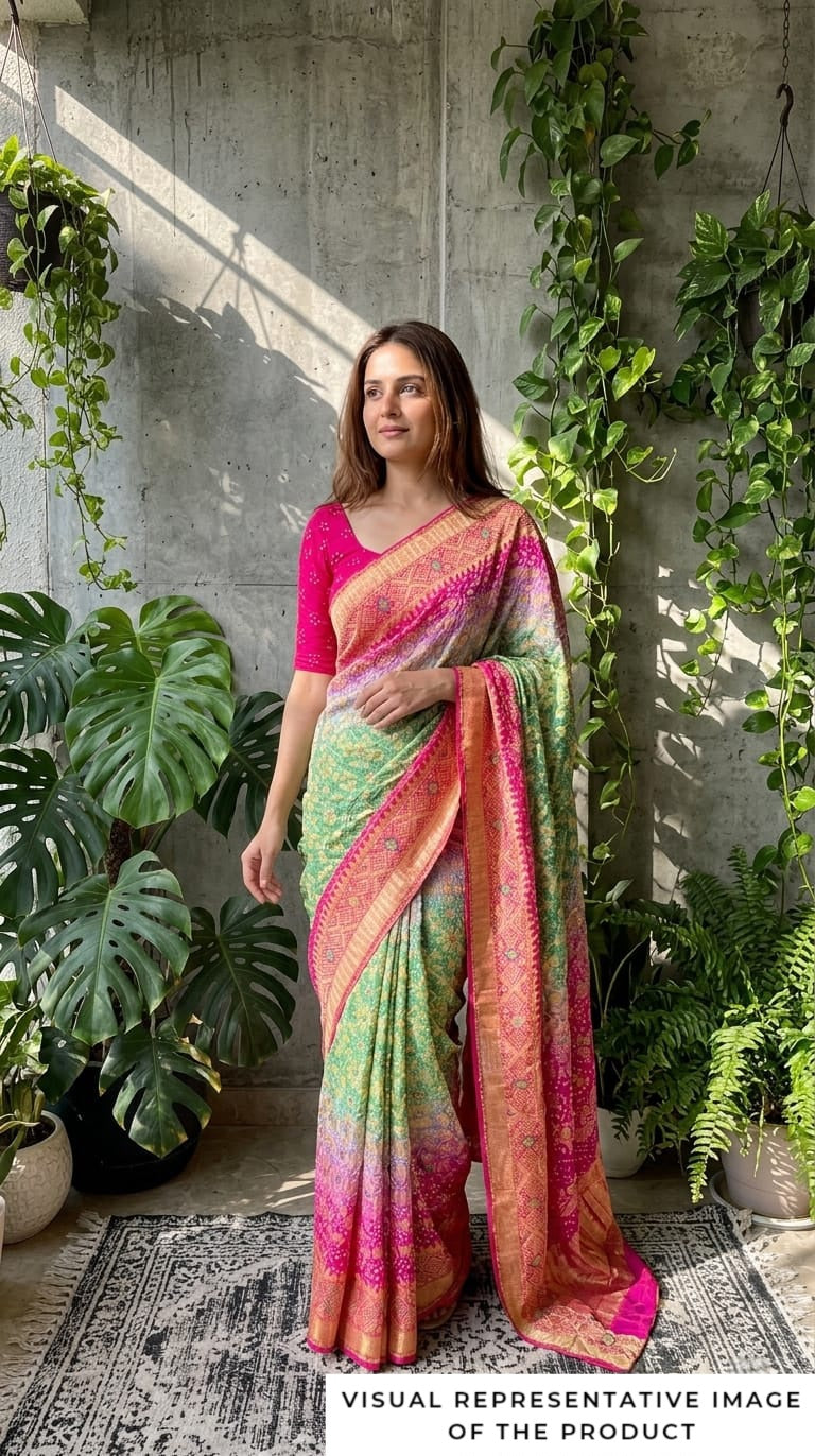 Nirjara - Rose Pink & Green Meenakari Bandhani Saree