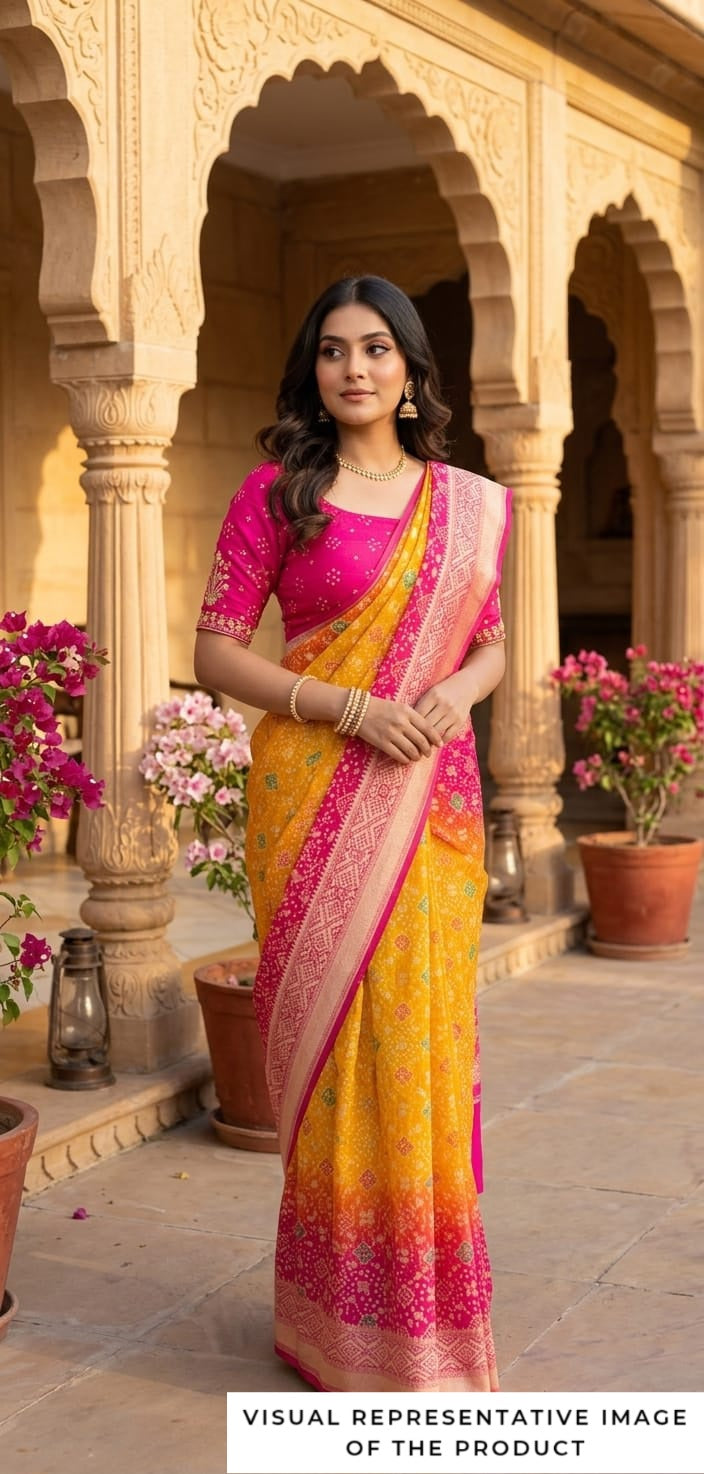 Avni - Pink & Yellow Meenakari Bandhani Saree