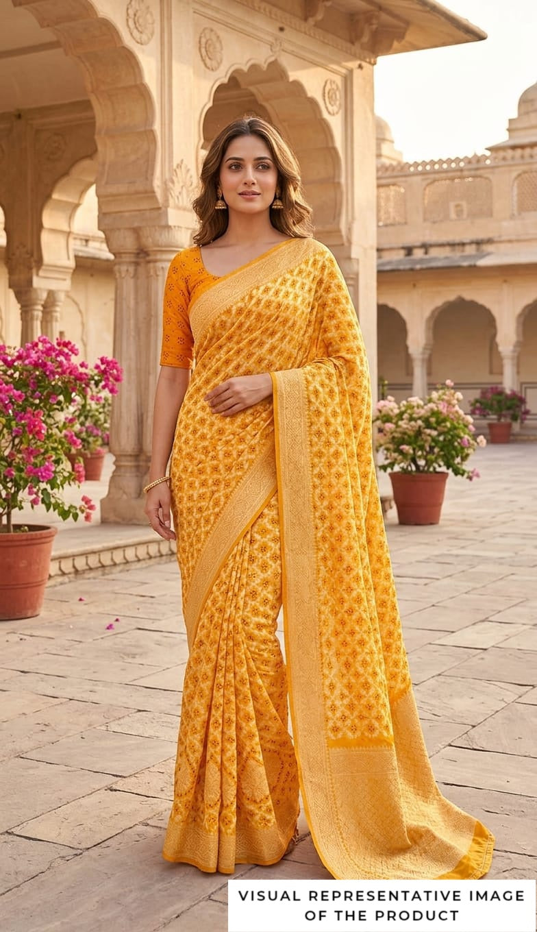 Anvisha - Yellow Bandhani Banarasi Saree