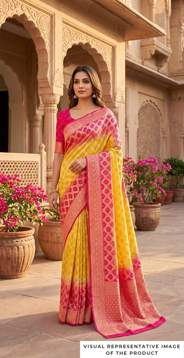 Akshara - Rose Pink & Yellow Bandhani Banarasi Saree