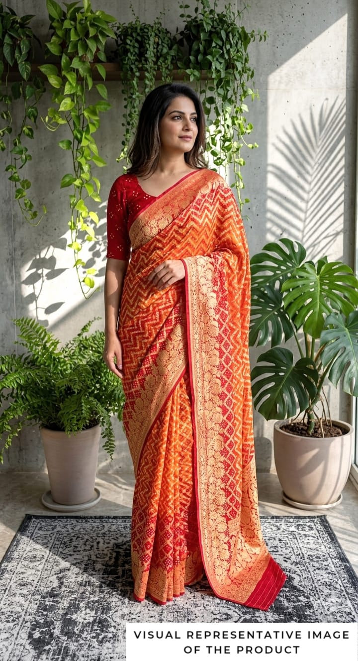 Manika - Red & Orange Bandhani Banarasi Saree