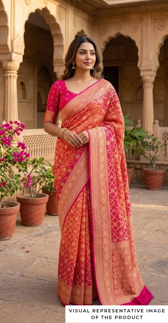 Sarika - Rose Pink & Peach Bandhani Banarasi Saree