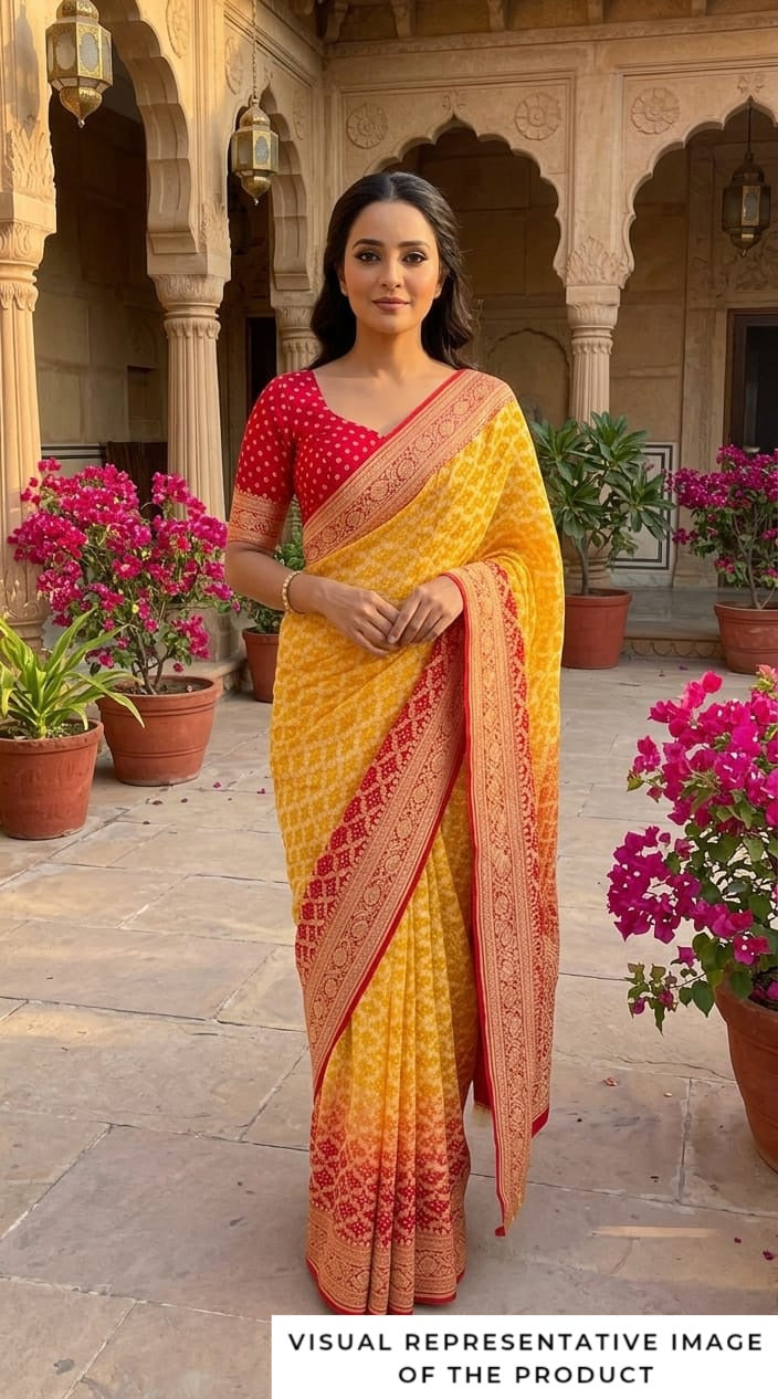 Ati - Red & Yellow Bandhani Banarasi Saree