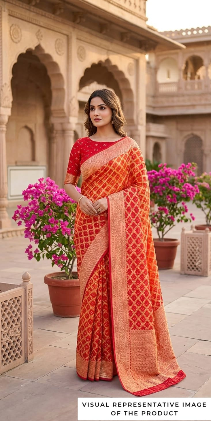Gauhar - Red & Orange Bandhani Banarasi Saree