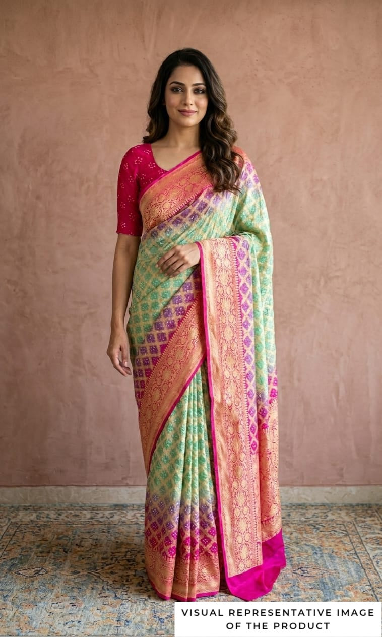 Twisha - Rose Pink & Green Bandhani Banarasi Saree