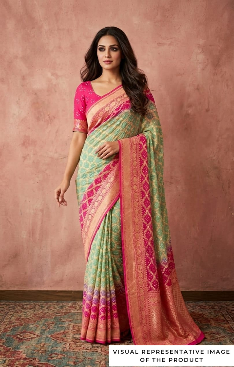 Aashvi - Rose Pink & Green Bandhani Banarasi Saree