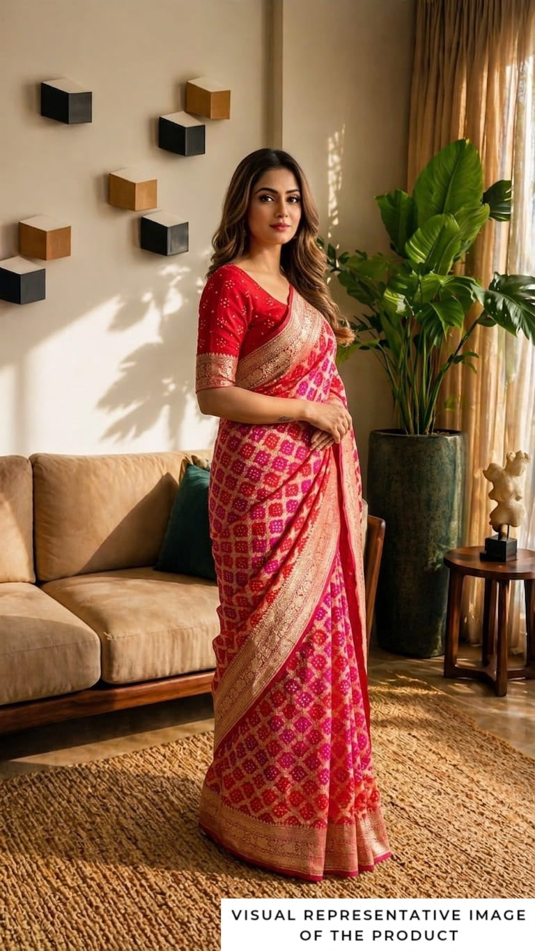 Namita - Red & Pink Bandhani Banarasi Saree