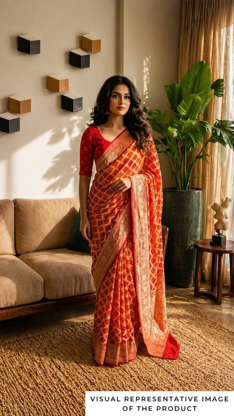 Shrishti - Red & Orange Bandhani Banarasi Saree