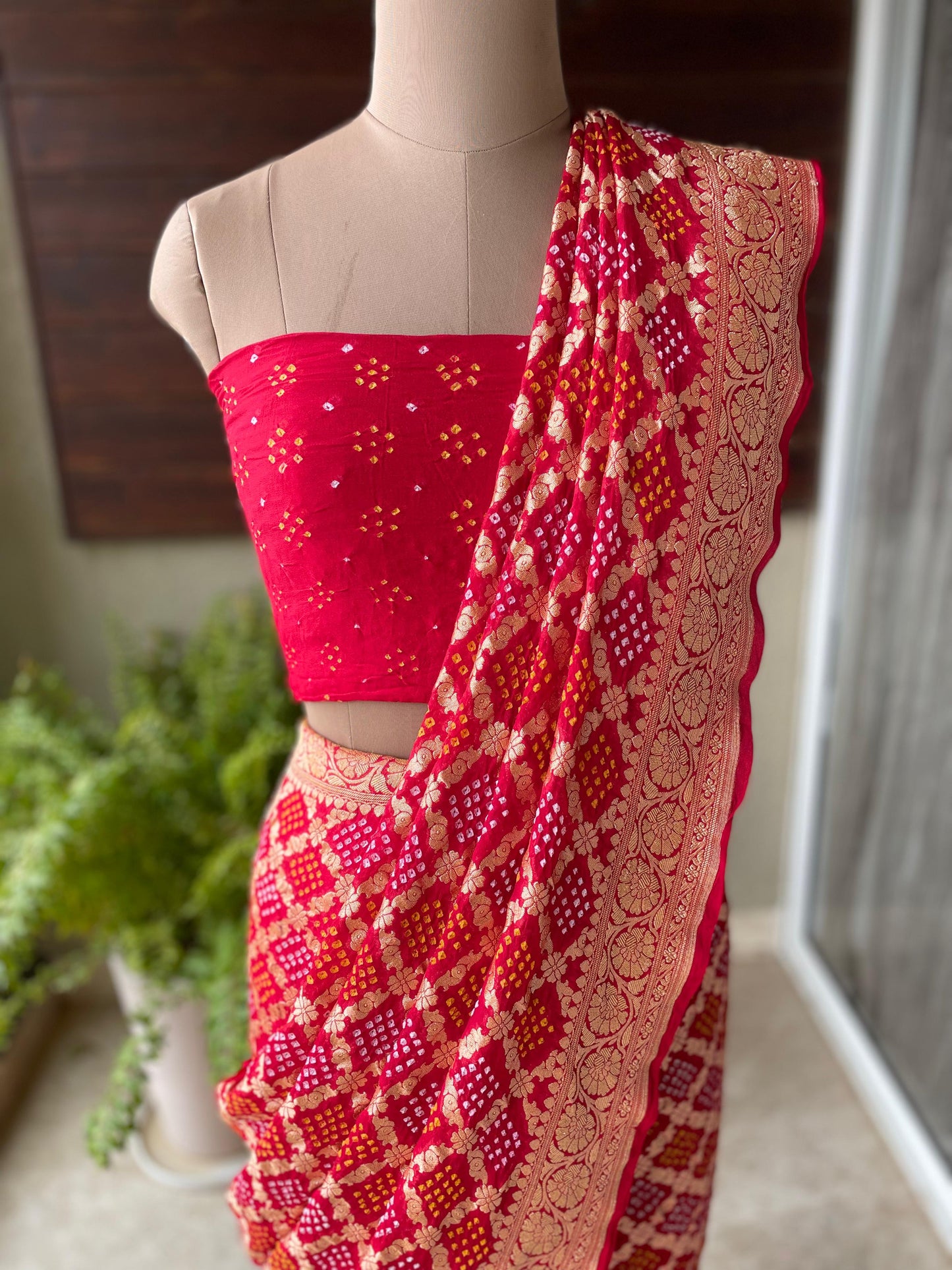 Vrinda - Red Bandhani Banarasi Saree