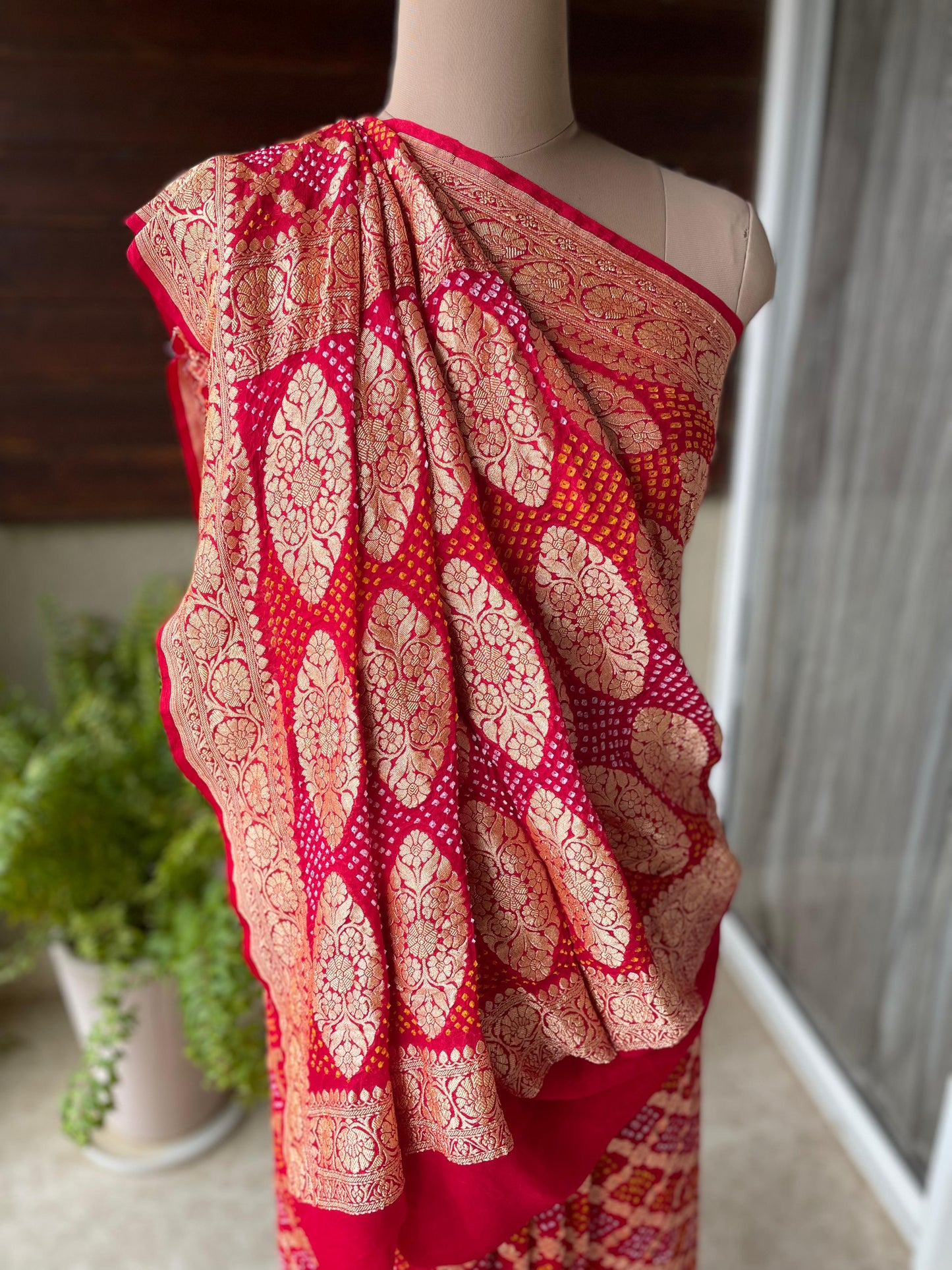 Vrinda - Red Bandhani Banarasi Saree
