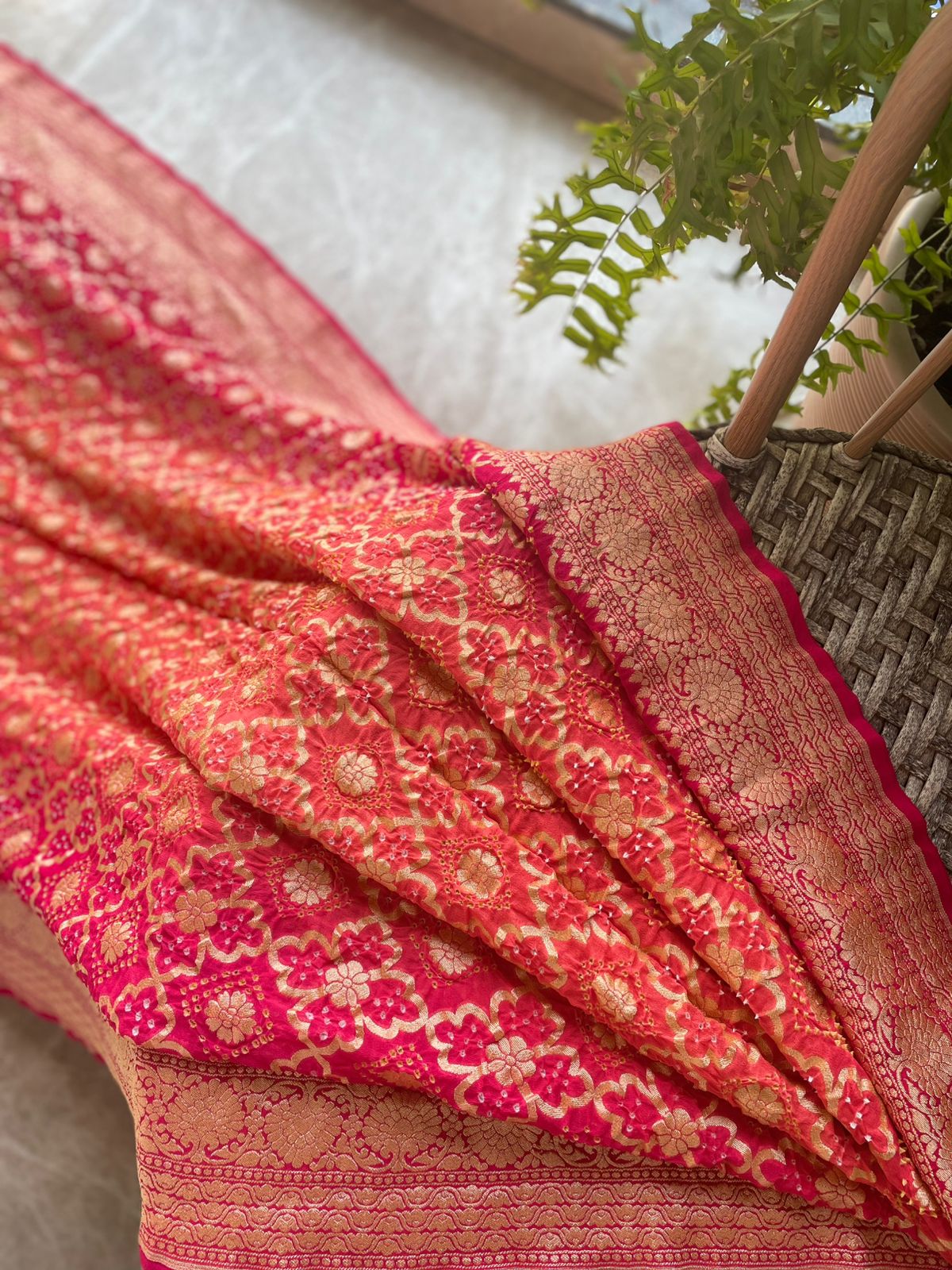Sarika - Rani Pink & Peach Bandhani Banarasi Saree