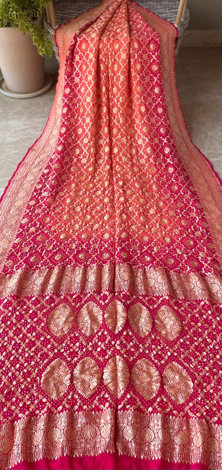Sarika - Rani Pink & Peach Bandhani Banarasi Saree