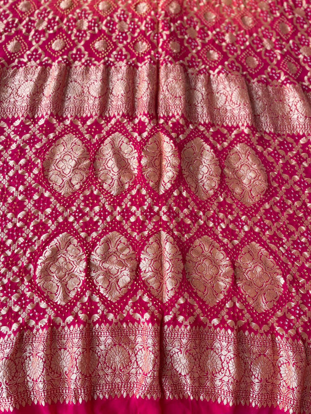 Sarika - Rani Pink & Peach Bandhani Banarasi Saree