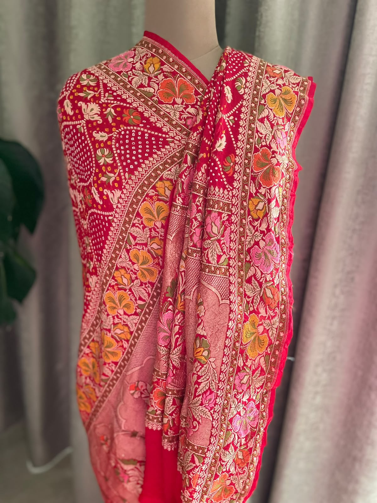 Amita - Red Tilfi Meenakari Bandhani Dupatta